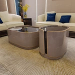 Luxury Nesting Coffee Tables with High-Gloss Natural Wood Veneer and Soft-Tone Frame